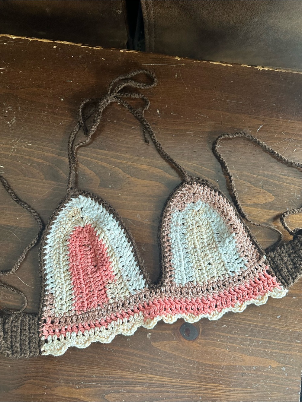 Hand-Crocheted Triangle Tank Top - Pink, Cream & Brown